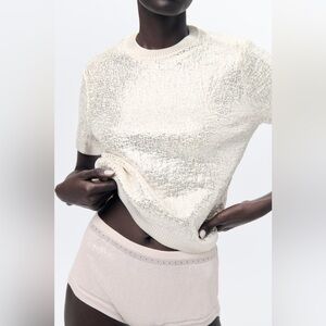 Zara Cream Short-Sleeve Metallic Knit Top